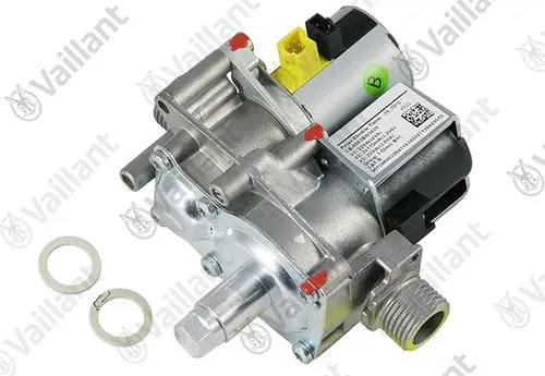 Vaillant Gasarmatur mit Motor, Anschluss für Rohrleitung, zwei Dichtungsringen und elektrischer Anschluss auf der Oberseite.